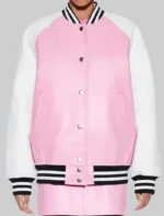 Pink And White Varsity Bomber Leather Jacket With Rib Knitted Collar