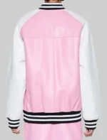Pink And White Varsity Bomber Leather Jacket With Rib Knitted Collar