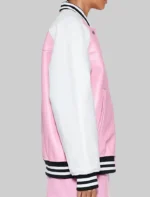 Pink And White Varsity Bomber Leather Jacket With Rib Knitted Collar