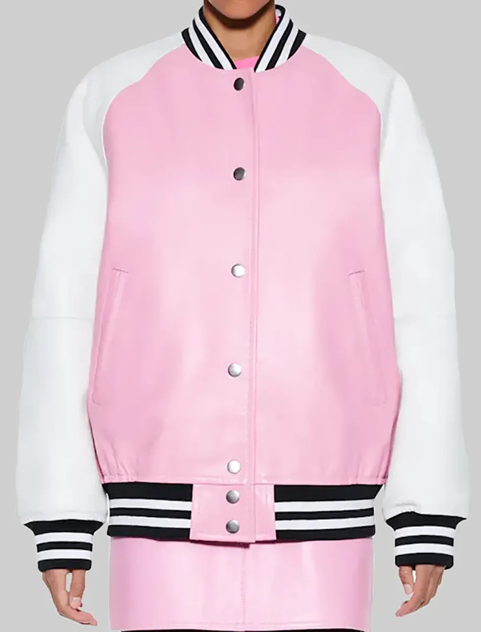 Pink And White Varsity Bomber Leather Jacket With Rib Knitted Collar Pink And White Varsity Bomber Leather Jacket With Rib Knitted Collar