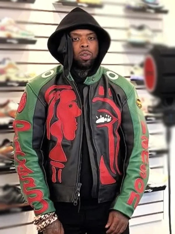 Rapper Westside Gunn Black and Green Moto Leather Jacket