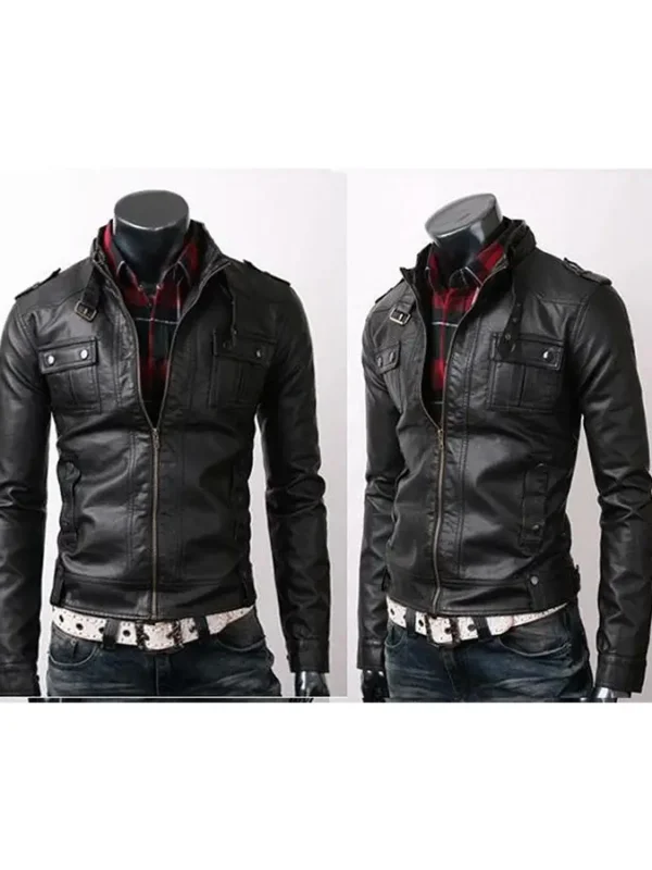 Rider Strap Pocket Slim Fit Leather Jacket Vintage Belted