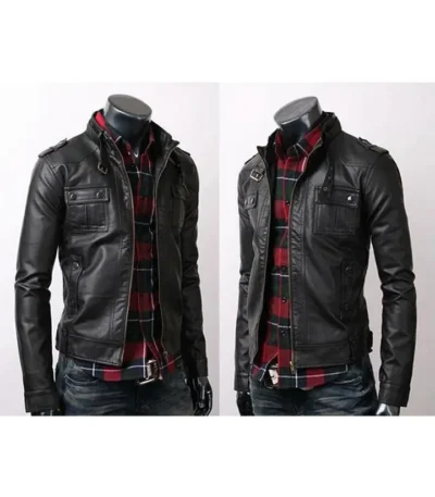 Rider Strap Pocket Slim Fit Leather Jacket Vintage Belted