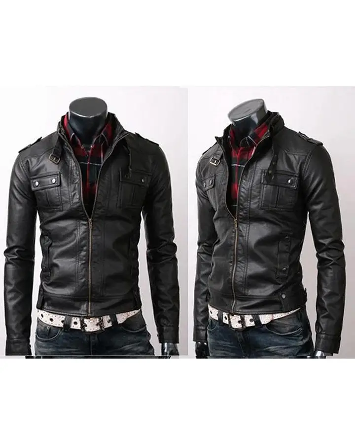 Rider Strap Pocket Slim Fit Leather Jacket Vintage Belted Rider Strap Pocket Slim Fit Leather Jacket Vintage Belted