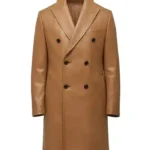 Camel Double-Breasted Leather Overcoat