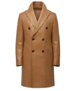Camel Double-Breasted Leather Overcoat