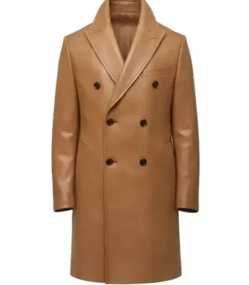 Camel Double-Breasted Leather Overcoat