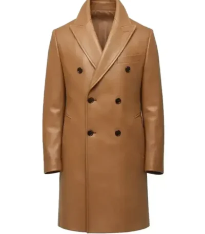 Camel Double-Breasted Leather Overcoat