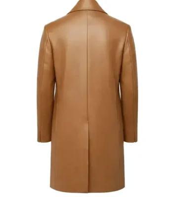 Camel Double-Breasted Leather Overcoat