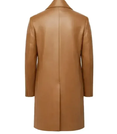 Camel Double-Breasted Leather Overcoat