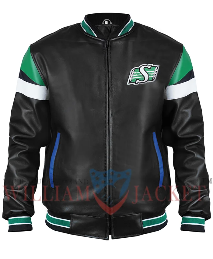Saskatchewan Roughriders Black Leather Varsity Jacket Saskatchewan Roughriders Black Leather Varsity Jacket