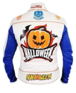 Halloween Pumpkin Printed White Leather Jacket