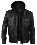 Men’s Brando Style Black Leather Hooded Motorcycle Jacket