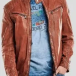 Snap Tab Collar Men’s Brown Motorcycle Jacket