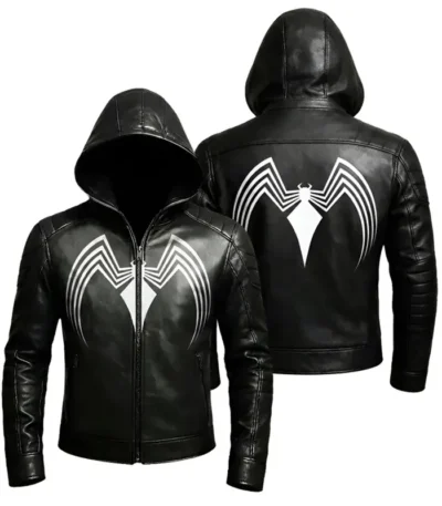 Spider Black Leather Hooded Jacket