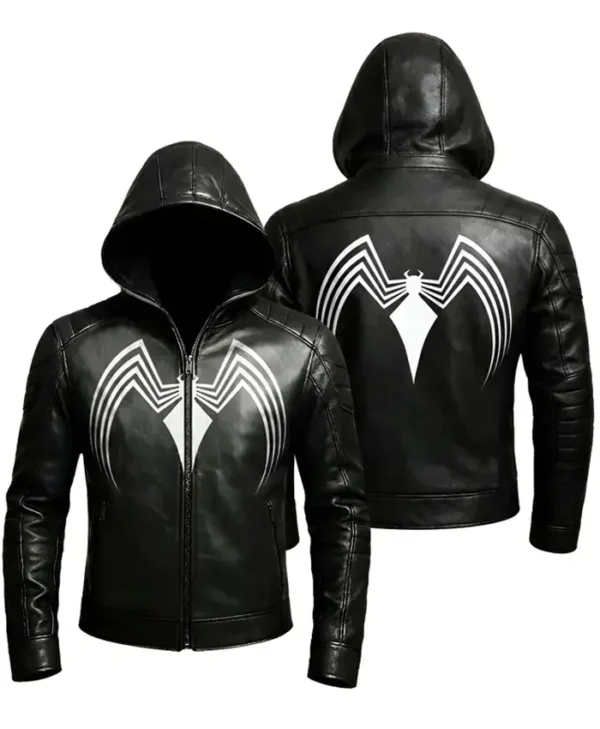 Spider Black Leather Hooded Jacket