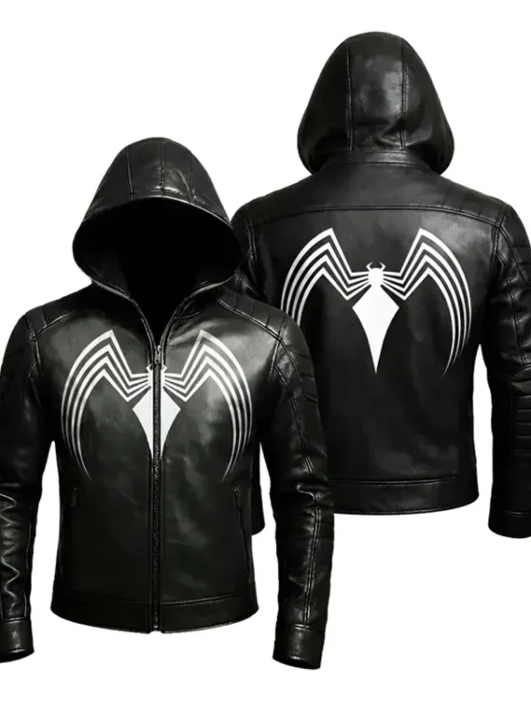Spider Black Leather Hooded Jacket