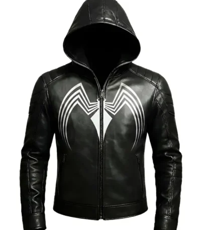 Spider Black Leather Hooded Jacket