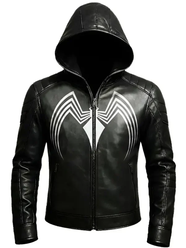 Spider Black Leather Hooded Jacket