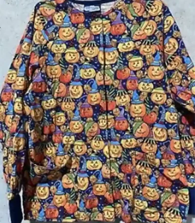 Too Many Pumpkins Print Halloween Scrub Jacket