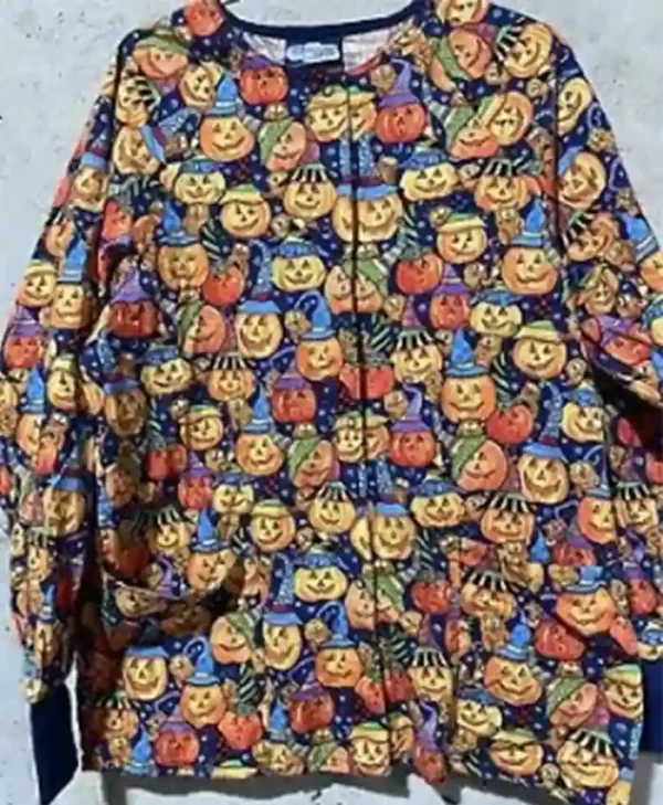 Too Many Pumpkins Print Halloween Scrub Jacket