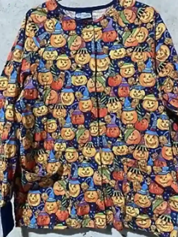 Too Many Pumpkins Print Halloween Scrub Jacket