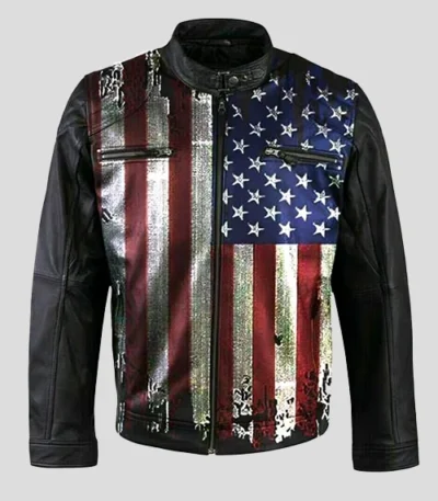 USA Flag Leather Jacket Notch Collar