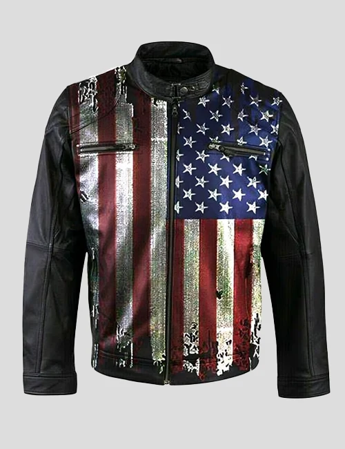 USA Flag Leather Jacket Notch Collar USA Flag Leather Jacket Notch Collar