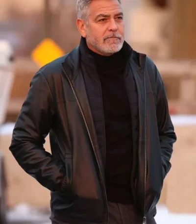 Wolfs 2024 George Clooney Black Leather Jacket