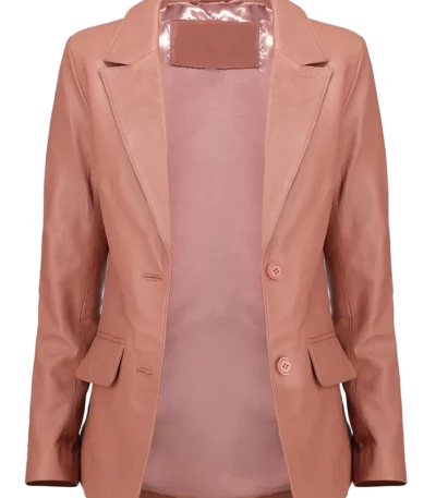 Women Leather Pink Blazer Front With Button