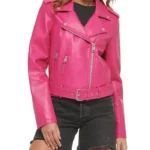 Women’s Asymmetrical Pink Leather Biker Jacket