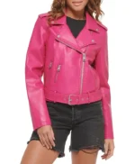 Women’s Asymmetrical Pink Leather Biker Jacket