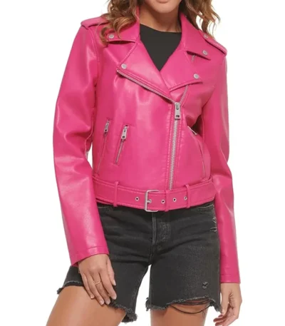 Women’s Asymmetrical Pink Leather Biker Jacket
