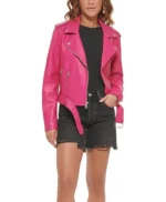 Women’s Asymmetrical Pink Leather Biker Jacket