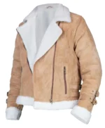 Womens Brown Suede Biker Jacket With White Fur