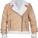 Womens Brown Suede Biker Jacket With White Fur