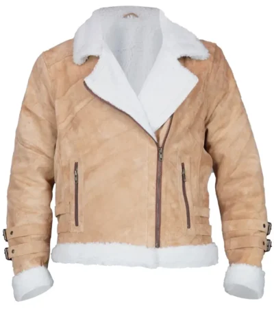 Womens Brown Suede Biker Jacket With White Fur