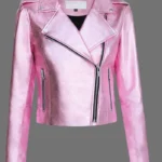 Women’s Pink Metallic Leather Jacket With Motorcycle Jacket