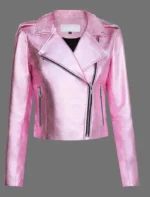 Women’s Pink Metallic Leather Jacket With Motorcycle Jacket