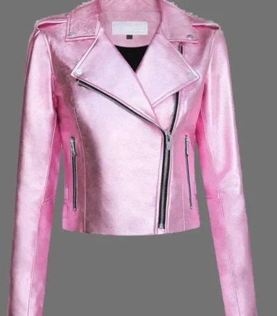 Women’s Pink Metallic Leather Jacket With Motorcycle Jacket