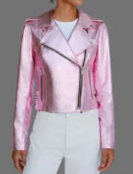 Women’s Pink Metallic Leather Jacket With Motorcycle Jacket
