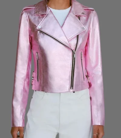 Women’s Pink Metallic Leather Jacket With Motorcycle Jacket