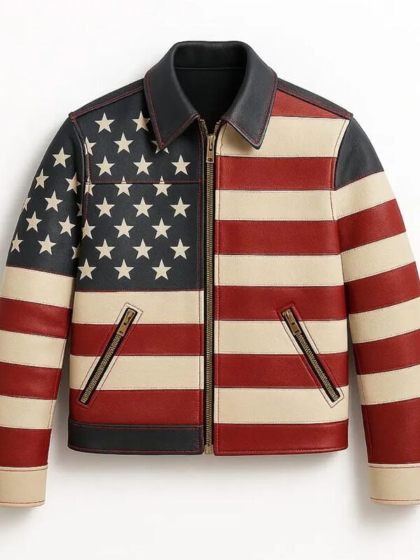 American Flag Leather Biker Jacket For Men