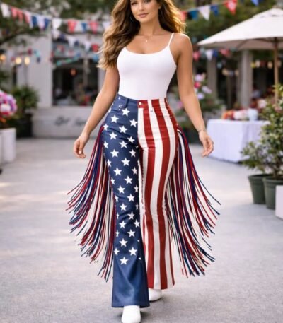 American Flag Leather Fringe Leather Pants USA