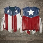 American Flag Leather Fringe Vest Unisex Western Wear