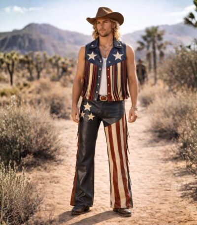 American Flag Leather Fringe Vest and Pants Set
