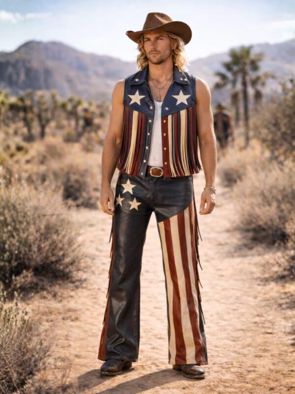 American Flag Leather Fringe Vest and Pants Set
