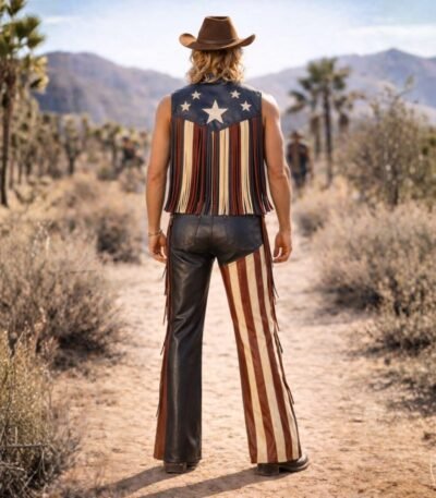 American Flag Leather Fringe Vest and Pants Set