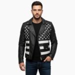 American Flag Patch Black Cowhide Leather Biker Jacket