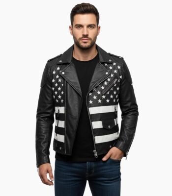 American Flag Patch Black Cowhide Leather Biker Jacket
